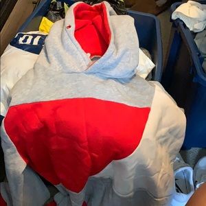 Grey, white and red hoodie